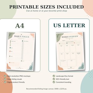 A4 and US Letter printable planner size mockup for ADHD-friendly digital planner download files.