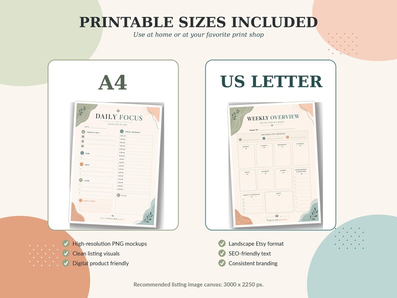 A4 and US Letter printable planner size mockup for ADHD-friendly digital planner download files.