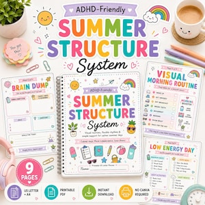 Puede incluir: Un planificador ADHD-Friendly Summer Structure System de espiral con texto colorido e ilustraciones de un sol, arcoíris y piña. Incluye páginas imprimibles adicionales para Brain Dump, Visual Morning Routine y Low Energy Day.