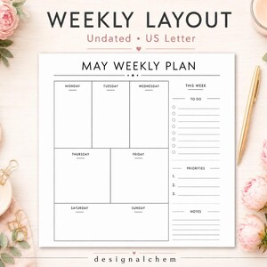 Undated weekly planner printable with Monday to Sunday layout, minimalist US Letter planner page with to do list, priorities and notes, printable planner PDF for weekly schedule and task management