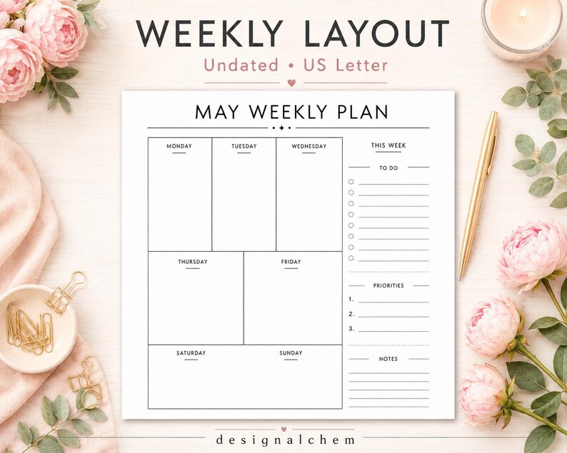 Undated weekly planner printable with Monday to Sunday layout, minimalist US Letter planner page with to do list, priorities and notes, printable planner PDF for weekly schedule and task management
