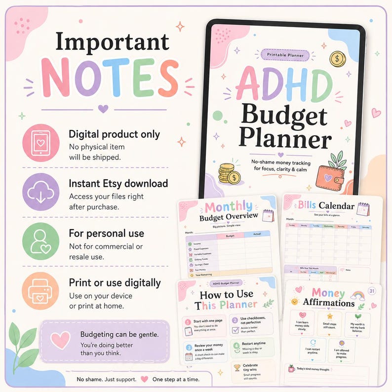 Important notes image for ADHD Budget Planner digital download explaining that this is a printable PDF product, no physical item will be shipped, files are for personal use, and pages can be printed or used digitally.