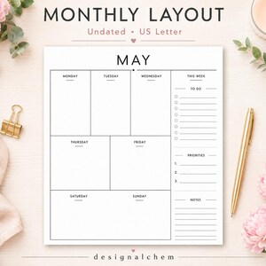 Undated monthly planner layout printable US Letter 8.5 x 11, minimalist planner page with weekly boxes, to do list, priorities and notes, printable planner insert PDF for home and task organization