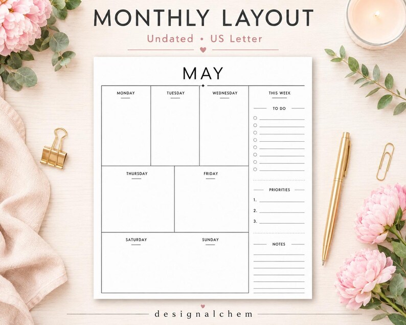 Undated monthly planner layout printable US Letter 8.5 x 11, minimalist planner page with weekly boxes, to do list, priorities and notes, printable planner insert PDF for home and task organization
