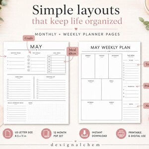 Simple printable planner pages with monthly and weekly layout, minimalist undated planner PDF including goals, meal ideas, to do list, priorities and notes, US Letter printable planner instant download