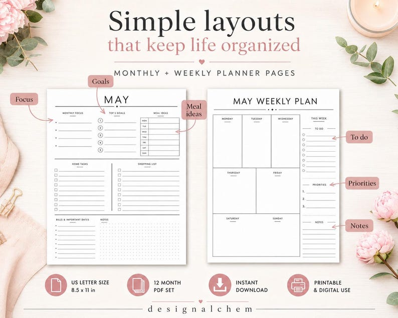 Simple printable planner pages with monthly and weekly layout, minimalist undated planner PDF including goals, meal ideas, to do list, priorities and notes, US Letter printable planner instant download