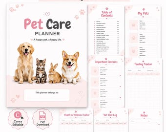 Editable Pet Care Planner Printable, Sitter Checklist & Health Records for Dogs Cats Rabbits