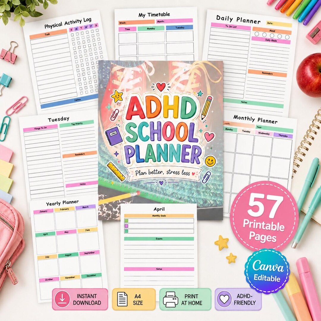 ADHD School Planner Printable PDF, Student Organizer, Homework Tracker ...