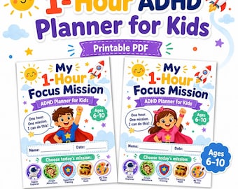 Agenda di 1 ora per bambini con ADHD, PDF stampabile, programma visivo per la routine di concentrazione, formato A5.
