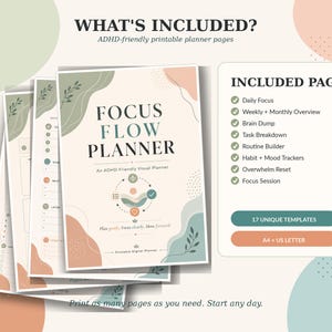 What’s included preview showing ADHD planner printable PDF pages for brain dump, routines, habits, focus, and reflection.