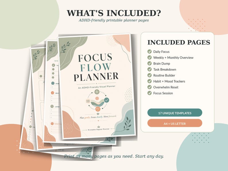 What’s included preview showing ADHD planner printable PDF pages for brain dump, routines, habits, focus, and reflection.