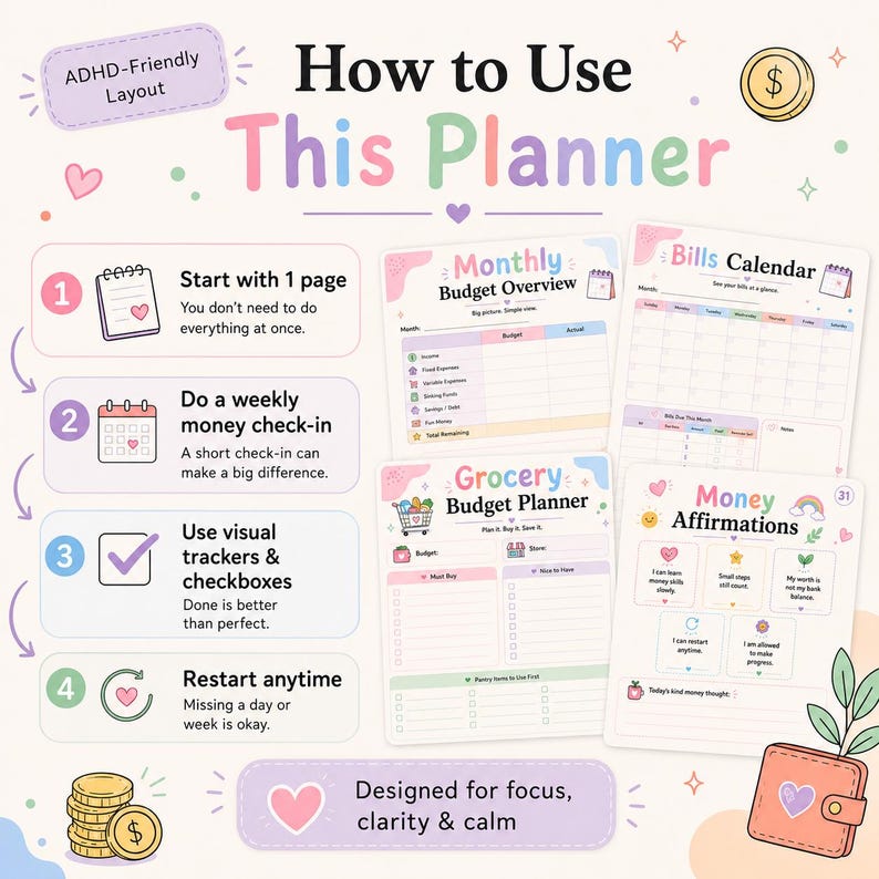 How to use ADHD Budget Planner image showing simple steps like start with one page, use checkboxes, do weekly money check-ins, track spending, and restart anytime.