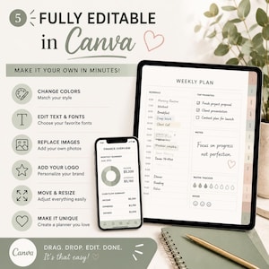 Fully editable digital planner in Canva with options to change colors, edit text and fonts, replace images, add logo, move and resize elements, and make it unique. Displayed on tablet and phone mockups with pastel neutral background.
