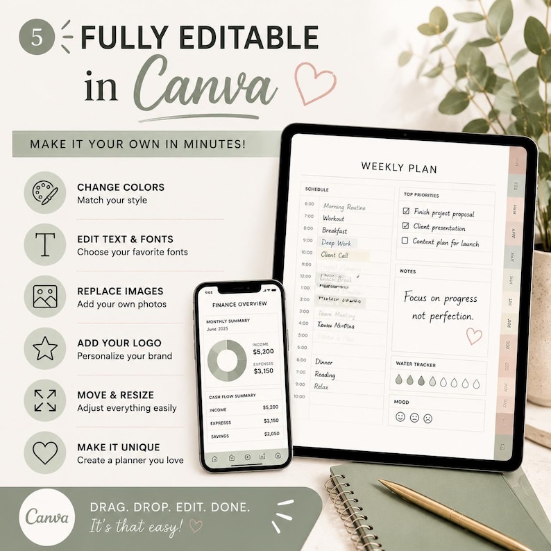 Fully editable digital planner in Canva with options to change colors, edit text and fonts, replace images, add logo, move and resize elements, and make it unique. Displayed on tablet and phone mockups with pastel neutral background.