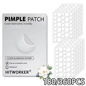May include: White pimple patches with the text "PIMPLE PATCH" and "Cover blemishes invisibly". The patches are waterproof and act as a protective cover. The brand name "HITWORKER" is also visible. The image shows multiple sheets of patches.