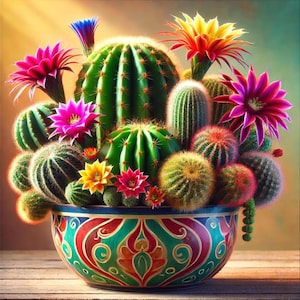 May include: A collection of various green cacti in a round, decorative bowl featuring a teal, red, and gold pattern. The cacti are adorned with vibrant, blooming flowers in shades of bright pink, yellow, and orange, with visible sharp spines.