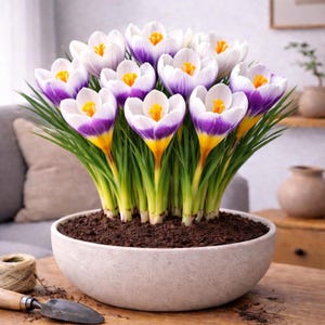 May include: A round, light-colored ceramic bowl filled with dark potting soil and a cluster of blooming crocus flowers. The flowers feature white petals with vibrant purple bases and bright yellow centers, supported by slender green stems and leaves.
