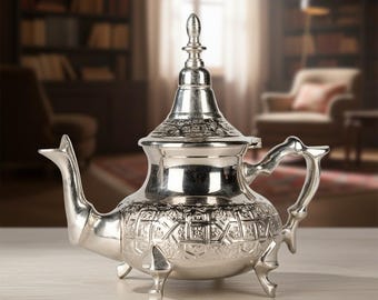 Large Engraved Moroccan Silver Teapot – Berber Mint Tea Server, Vintage Style Home Decor