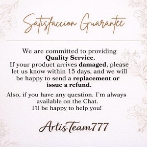 a text-based message that provides a satisfaction guarantee for a product. It states that the company is committed to providing quality service and will be happy to send a replacement or issue a refund if the product arrives damaged within 15 days. The message also mentions that the company is available for any questions via the Chat and will be happy to help. The text is written in a clear and straightforward manner, avoiding redundancy and vague wording.
