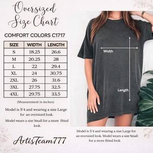 The image is a size chart for a black t-shirt, showing the measurements for different sizes.