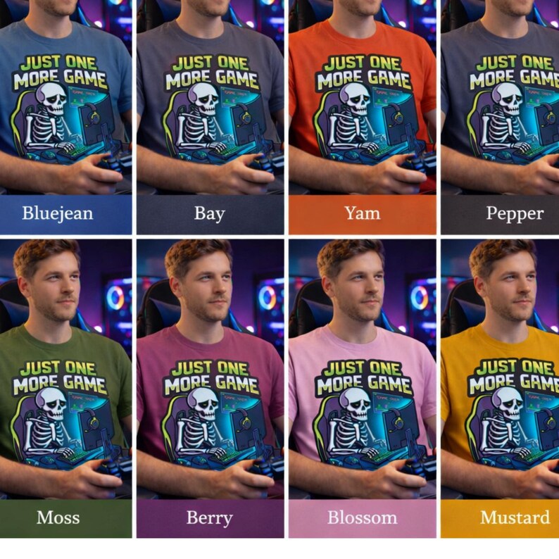 The image is a collage of four images featuring a man in a t-shirt with a skeleton graphic and the text "Just One More Game". The man is holding a game controller, suggesting he is playing a video game. The t-shirts in the collage have different colors and designs, but they all share the same theme of the "Just One More Game".