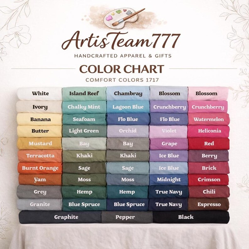 The image is a color chart showcasing a variety of handcrafted apparel and gifts in different colors, including white, island reef, chambray, blossom, butter, mustard, banana, sea foam, light green, orchid, purple, heliconia, red, grape, and more.