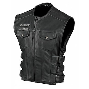Men's Black Leather Biker Vest – Genuine Street & Steel Motorcycle Waistcoat