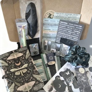 May include: A cardboard box filled with stationery and decorative items. Includes a journal with a moth and fern design, stickers, pens, a scrunchie, and a black feather. The items have a dark, celestial theme.