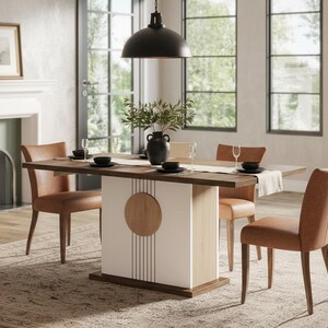 Farmhouse Dining Table, Oak Brown White Rectangular Kitchen Furniture