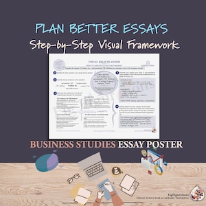 May include: A business studies essay poster with the text "Plan Better Essays" and "Step-by-Step Visual Framework." The poster includes a visual essay planner, a pie chart, a laptop, and other office supplies. The poster is designed for academic use.