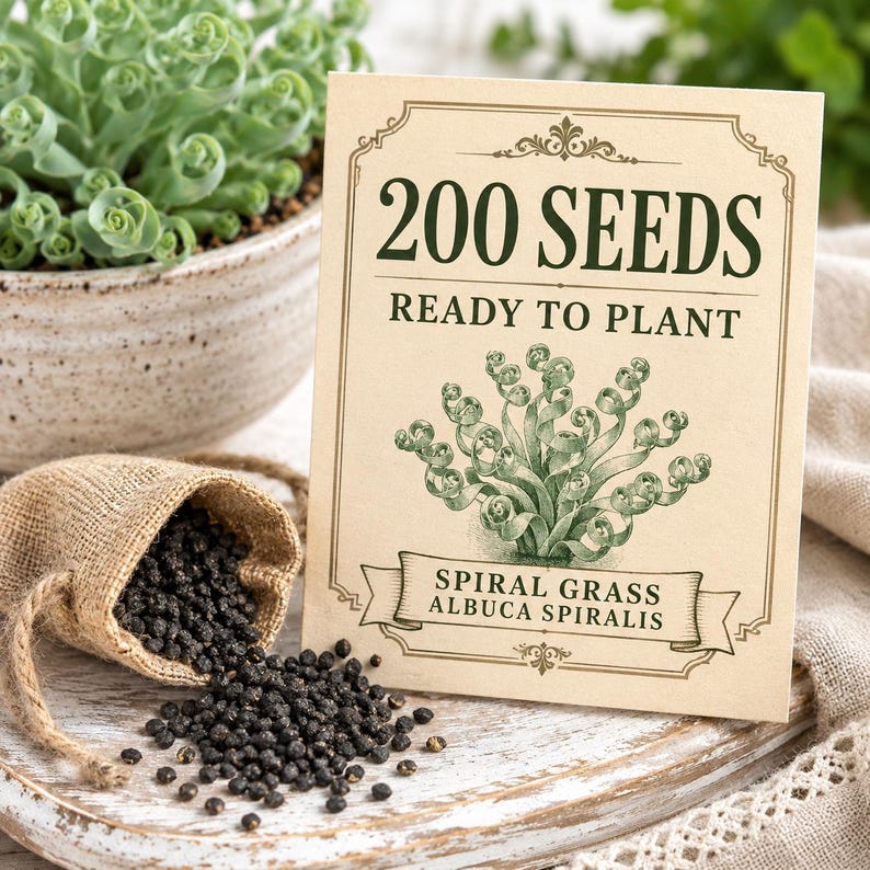 Albuca spiralis seeds displayed beside an elegant seed packet with a mature curly plant softly visible behind