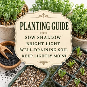 Seeds, well-draining growing medium, small pots and young seedlings arranged around a large cream vintage instruction panel