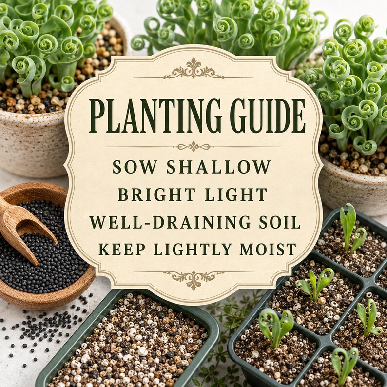 Seeds, well-draining growing medium, small pots and young seedlings arranged around a large cream vintage instruction panel