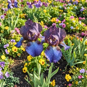 May include: Close-up of two dark purple iris flowers with white speckles and blue lower petals. The irises are surrounded by a vibrant garden of yellow, purple, and pink flowers, with green foliage.