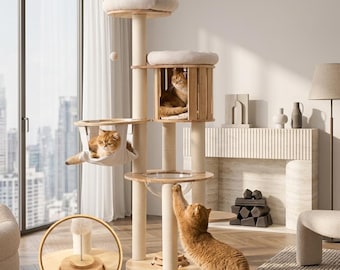 Modern 61.5in Cat Tree Tower | Multi-Level Solid Wood Furniture with Beds & Nest