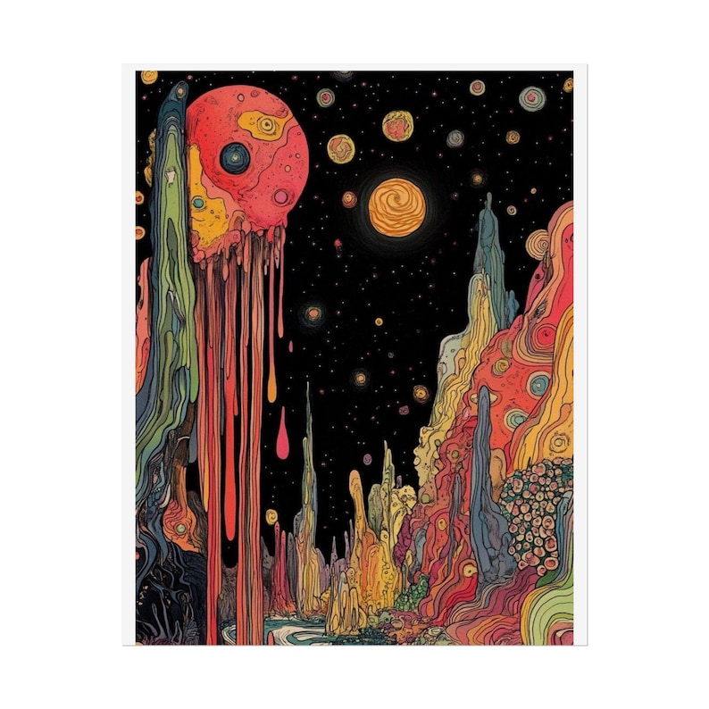 Psychedelic Dripping Planet Rolled Poster | Cosmic Surreal Landscape image 2
