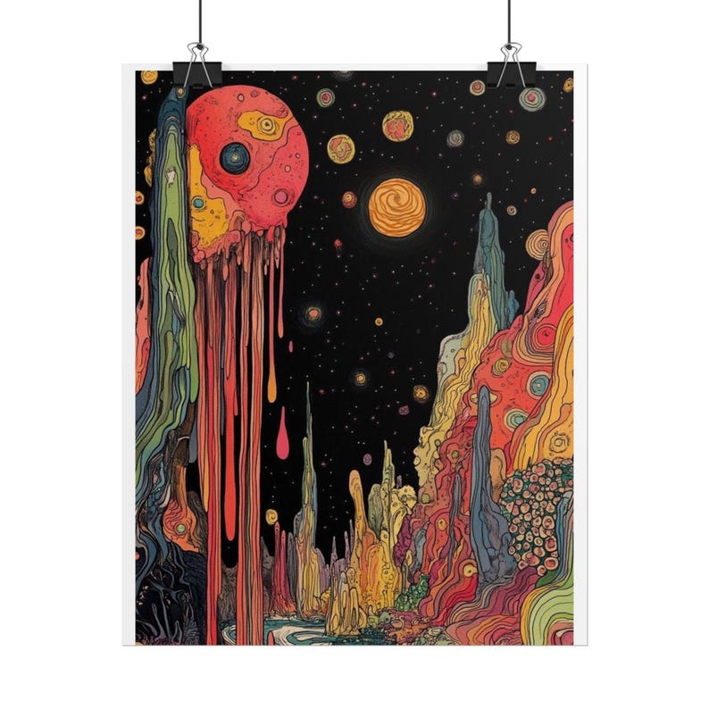 Psychedelic Dripping Planet Rolled Poster | Cosmic Surreal Landscape image 3
