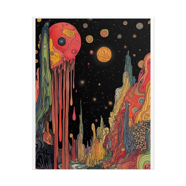 Psychedelic Dripping Planet Rolled Poster | Cosmic Surreal Landscape image 1