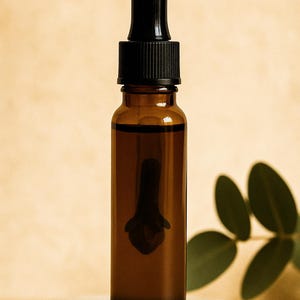 May include: A brown glass dropper bottle with a black cap and dropper, filled with a dark liquid. The bottle sits on a round, light-colored stone surface. Green leaves are visible in the background.