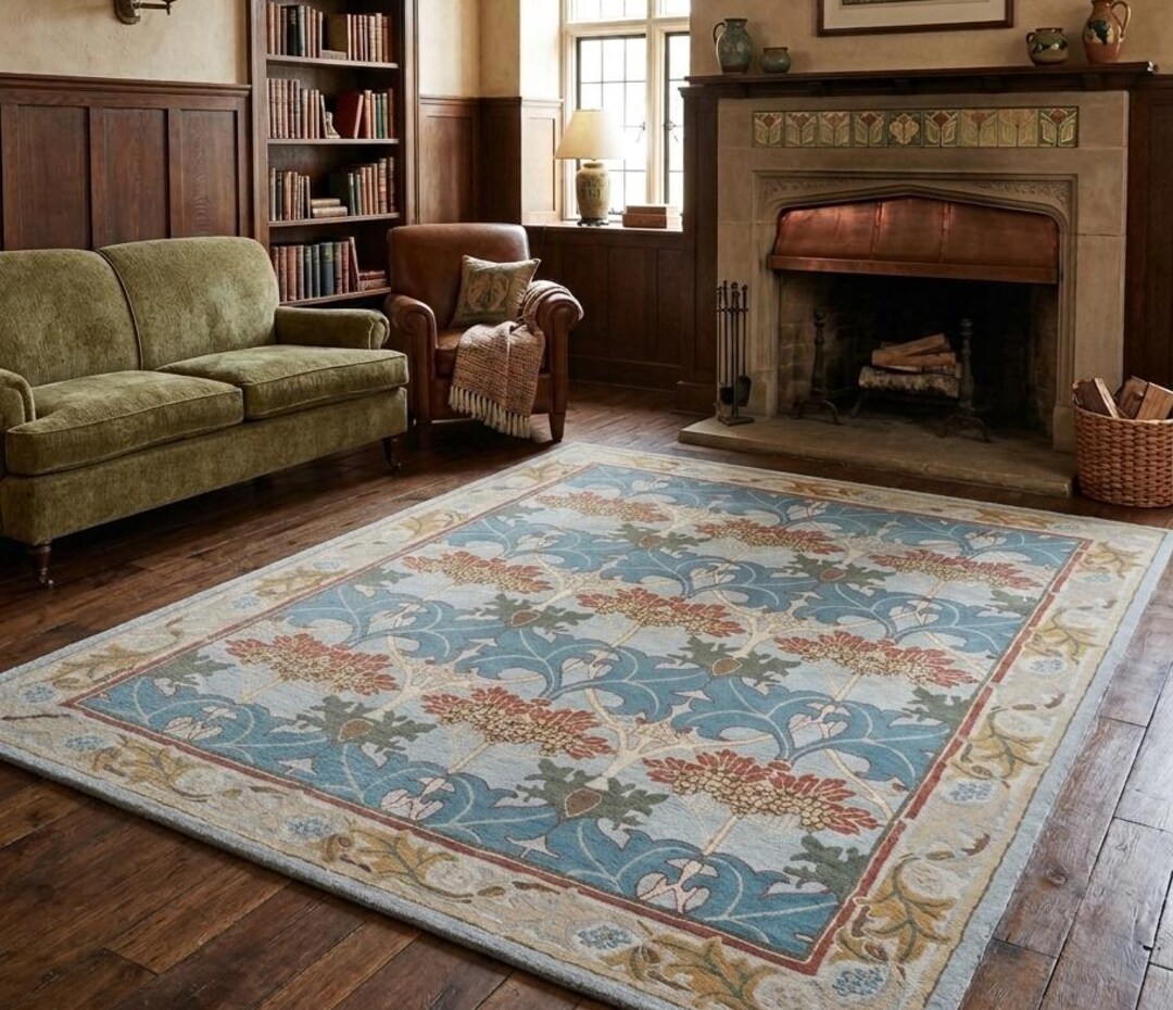 Vintage Blue Floral Wool Rug Hand Tufted Botanical Area Carpet for ...