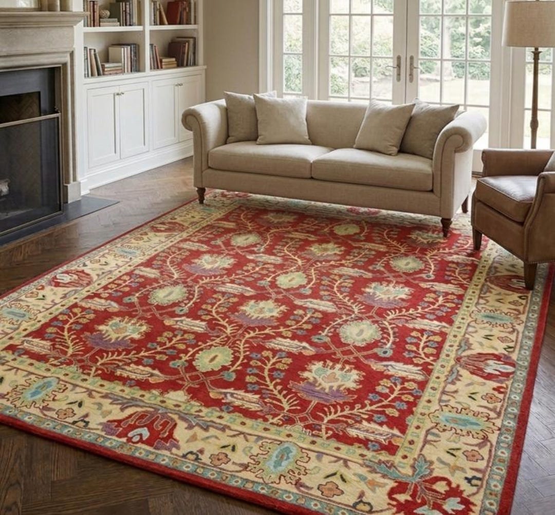 Traditional Hand Tufted Wool Rug Red Floral Carpet With Decorative ...
