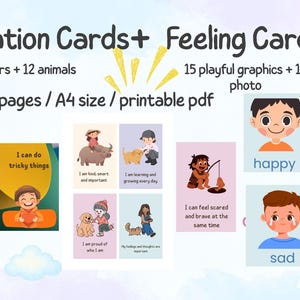 Puede incluir: Juego de tarjetas de afirmación y sentimientos imprimibles. Las tarjetas presentan ilustraciones y fotos coloridas, con palabras como "feliz" y "triste". El conjunto incluye 12 colores, 12 animales, 15 gráficos y 15 fotos. Tarjetas tamaño A4.