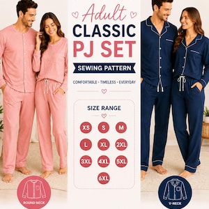Op de afbeelding: Afbeelding van een naaipatroon voor een klassieke pyjamaset voor volwassenen. Het patroon bevat twee stijlen: een ronde hals gebreide knoop-top en een V-hals geweven knoop-top. Maten variëren van XS tot 6XL. Beginner-vriendelijk en digitaal downloadbaar.
