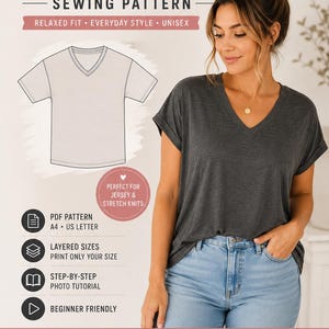 May include: A V-neck tee sewing pattern featuring a relaxed fit, drop shoulder design, and unisex sizing from XXS to 5XL. The digital download includes a PDF pattern for A4 and US Letter paper, layered sizes, and a step-by-step photo tutorial.