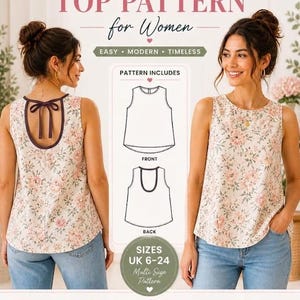 Sleeveless Top Sewing Pattern PDF | Women Tank Top Pattern | diy top pattern | Printable A4 A0 US Letter | Sizes UK 6–24