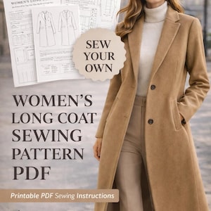 Women Long Coat Sewing Pattern PDF, Knee Length Winter Coat Pattern, A0 A4 US Letter Print, Xs-XL Digital Download