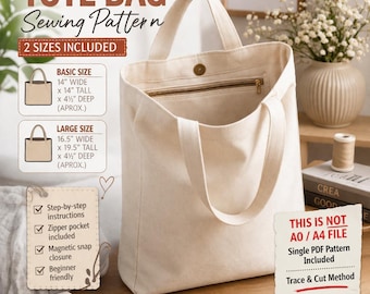 Patrón de costura en PDF para bolso de lona, 2 tamaños disponibles, ideal para principiantes, con bolsillo con cremallera.