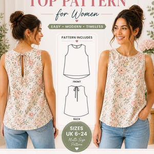 May include: A DIY sewing pattern for a sleeveless top. The image shows a woman wearing the top, which has a floral pattern. The pattern includes sizes UK 6-24 and is described as easy, modern, and timeless. The text says "Make it Your Style!"