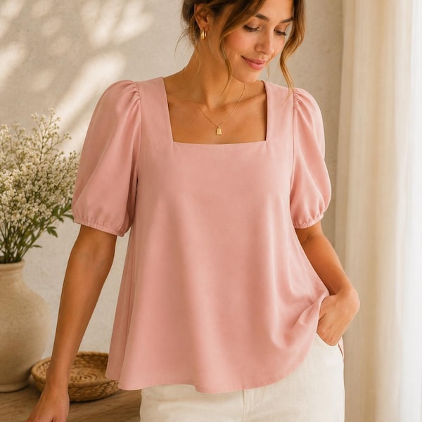 Blouse met vierkante hals en pofmouwen Naaipatroon PDF | Digitaal toppatroon dames | A0, A4 en instructiebestand | Maten 34–52