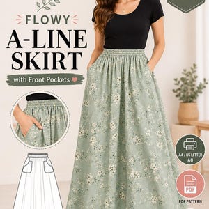 Op de afbeelding: Een naaipatroon voor een zwierige A-lijn rok met voorzakken, beschikbaar in de maten 2-18 en XS-XXXL. Het ontwerp toont een saliegroene stof met een kleine witte bloemenprint, een elastische tailleband en een digitaal PDF-formaat voor A4, US letter, A0 en projector.